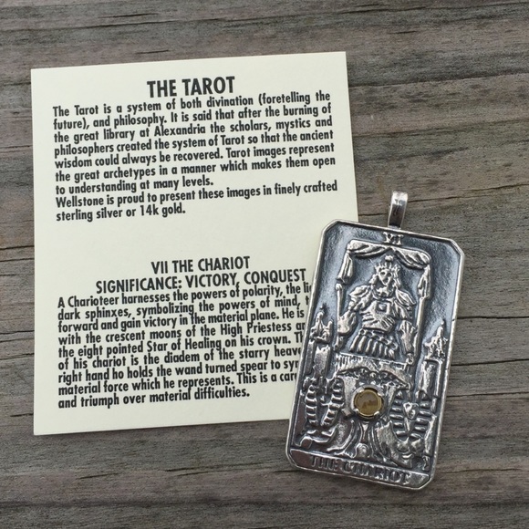 Chariot Tarot Card Pendant .925 Sterling Silver w/ genuine Citrine made in USA - Picture 2 of 9